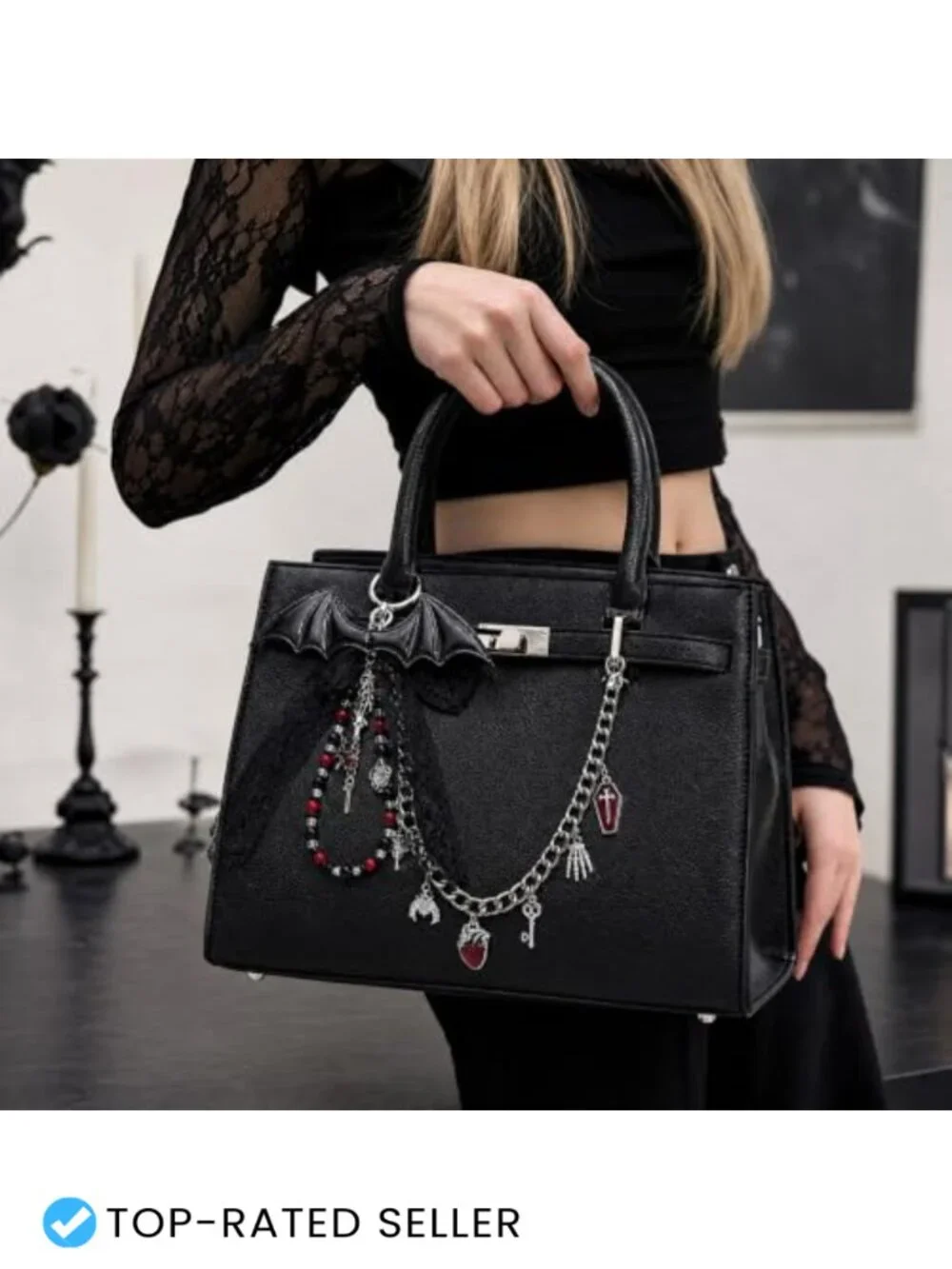 Gothic Y2K Bow Bag Charms Keychain Set with Bat Heart Charms - Purse Accessories